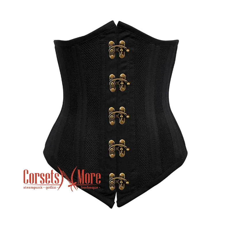 Corset top with knot detail-Plus Size Black Cotton Mesh Double Boned Front Antique Clasps Long Underbust Steampunk Corset