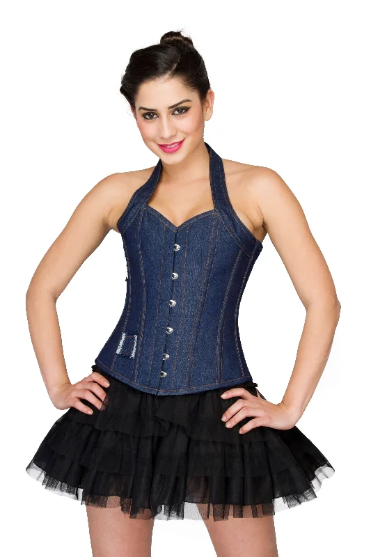 Corset in steampunk style-Blue Denim Halter Neck Overbust Corset Top