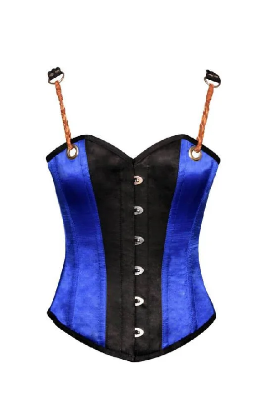 Corset with sheer lace-Blue Black Satin Leather Shoulder Straps Steampunk Corset Overbust