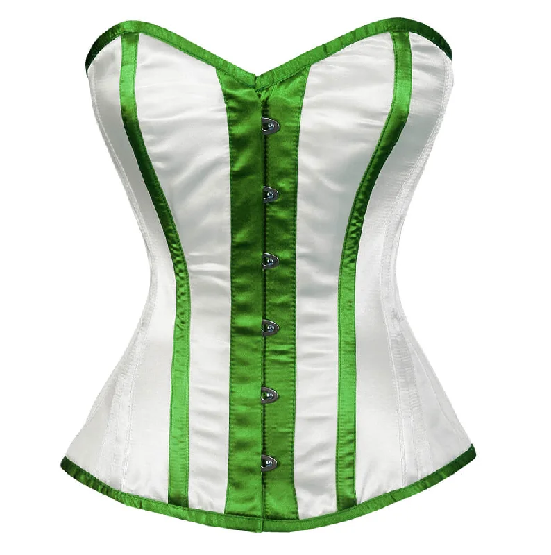 Corset dress with bell sleeves-White Satin Corset Green Stripes Gothic Burlesque Waist Training Overbust