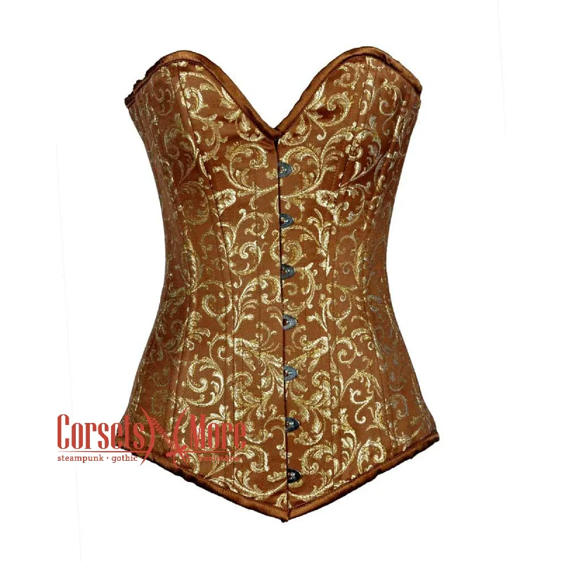 Corset for sleek silhouette-Plus Size Brown And Golden Brocade Long Burlesque Gothic Overbust Corset Bustier Top