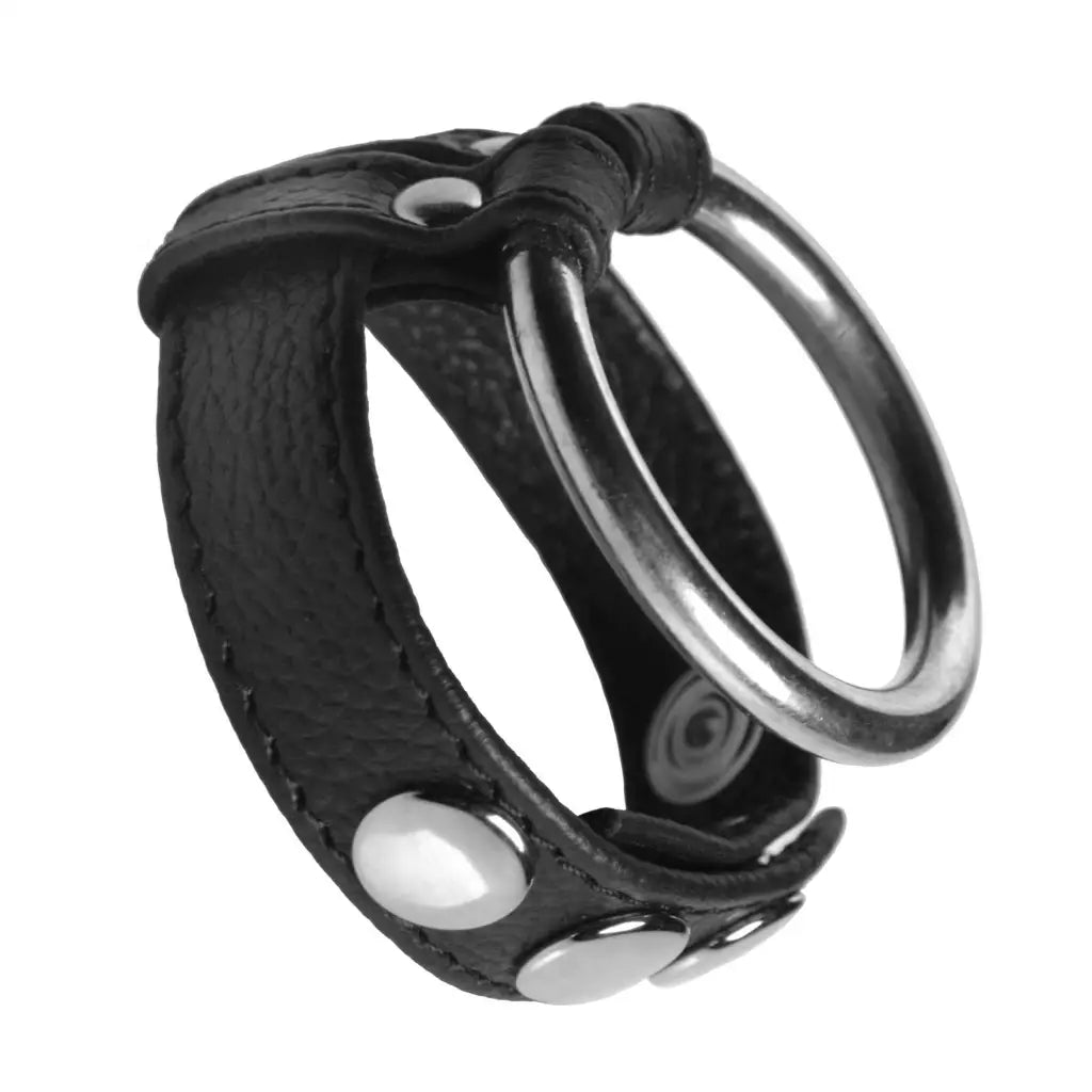 cock ring cordless-Real Leather And Steel Cock And Ball Ring