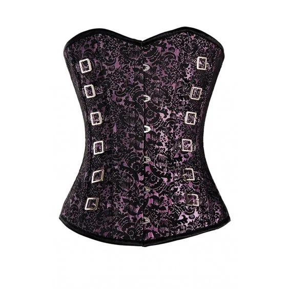 Corset in black satin-Wiltshire Pink and Black Brocade Pattern Corset with Silver Buckle Detail