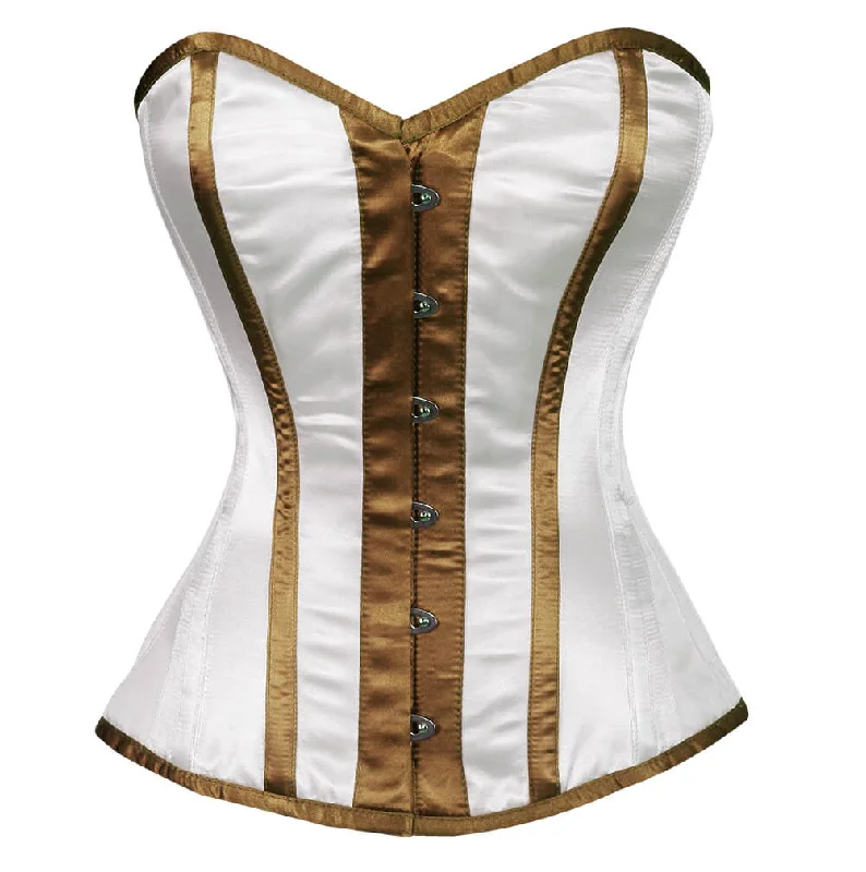 Corset dress for summer events-White Satin Corset Brown Stripes Gothic Burlesque Waist Training Overbust Bustier