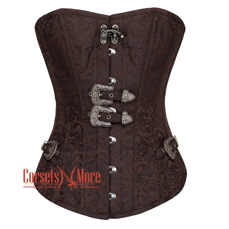 Corset with chain accents-Plus Size Brown Brocade Steampunk Gothic Overbust Corset