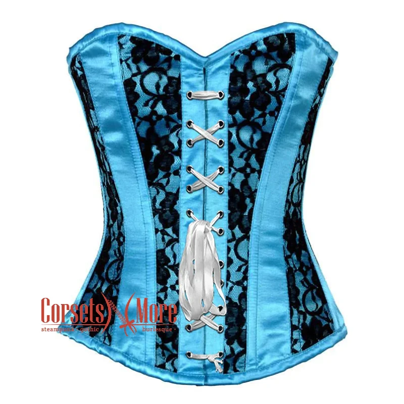 Corset dress with train-Plus Size Baby Blue Satin With Black Net Front Ribbon Gothic Overbust Burlesque Corset