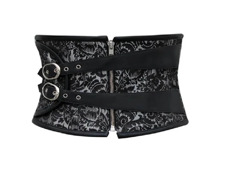 Corset with steel boning-Women’s Black Brocade Leather Zipper Gothic Steampunk Bustier Waist Training Underbust Corset Costume