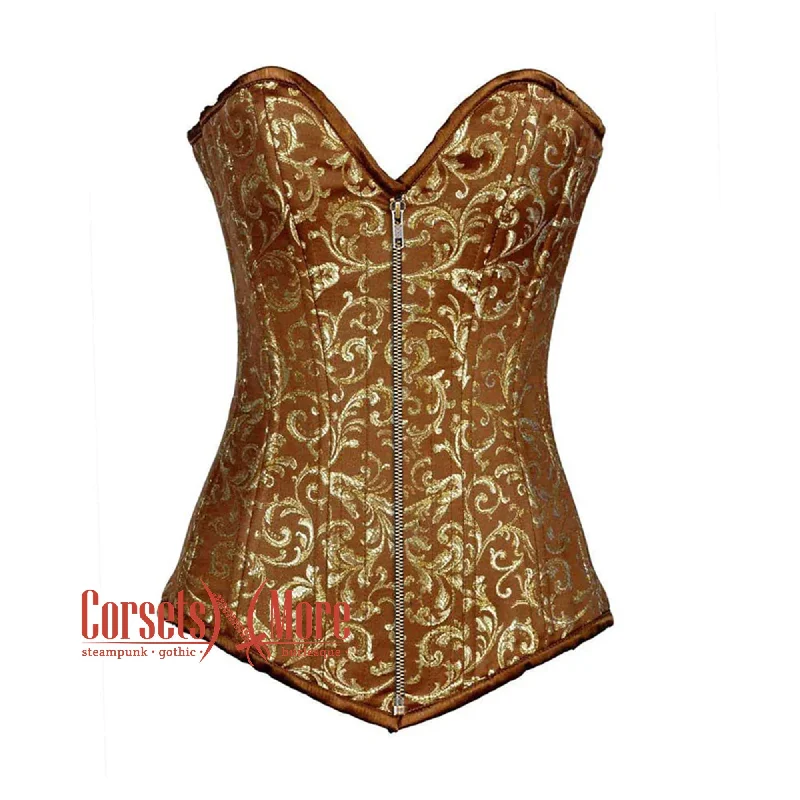 Corset dress with tiered skirt-Plus Size Brown And Golden Brocade Longline Front Zipper Burlesque Gothic Overbust Corset