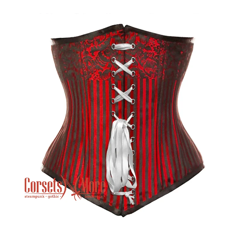 Corset top with puffed sleeves-Plus Size Red Brocade Double Boned Front Ribbon Long Underbust Steampunk Corset