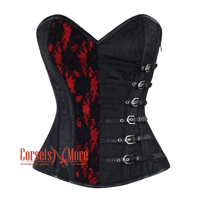 Corset for vintage lingerie-Plus Size Black Brocade Red Net Design Steampunk Overbust Gothic Waist Training Corset