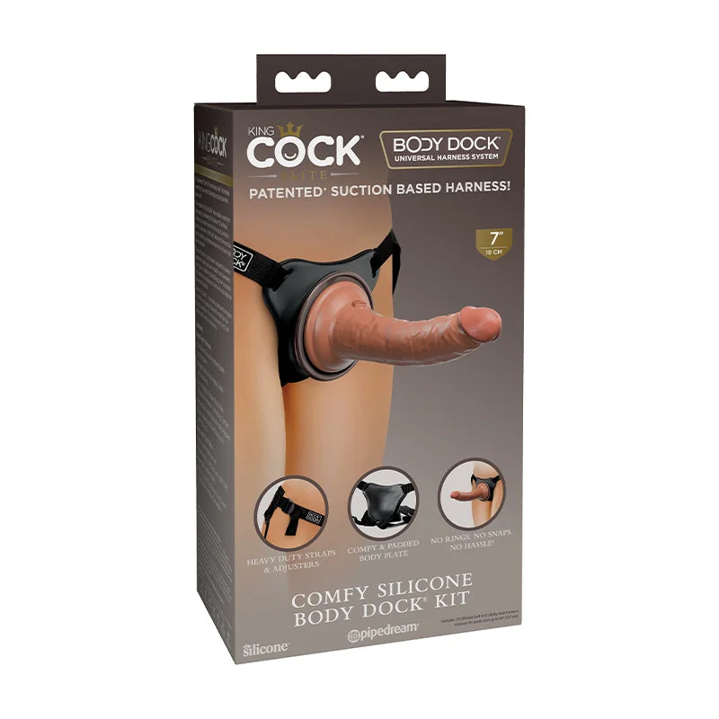 fantasy-dragon-dildo-Pipedream King Cock Elite Comfy Silicone Body Dock Kit With 7 in. Realistic Suction Cup Dildo Tan/Black