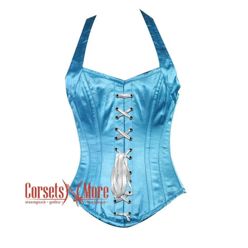 Corset in deep violet-Baby Blue Satin With Shoulder Strap Burlesque Overbust Corset Bustier Top