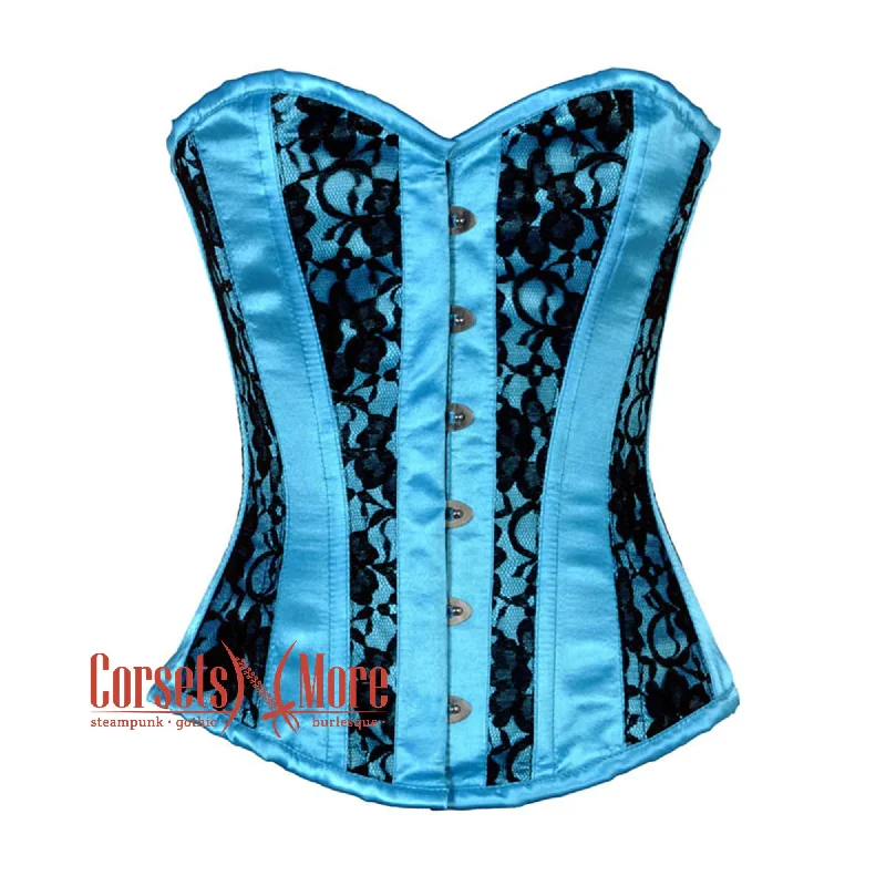 Corset top with sweetheart neckline-Plus Size Baby Blue Satin With Black Net Gothic Overbust Burlesque Corset