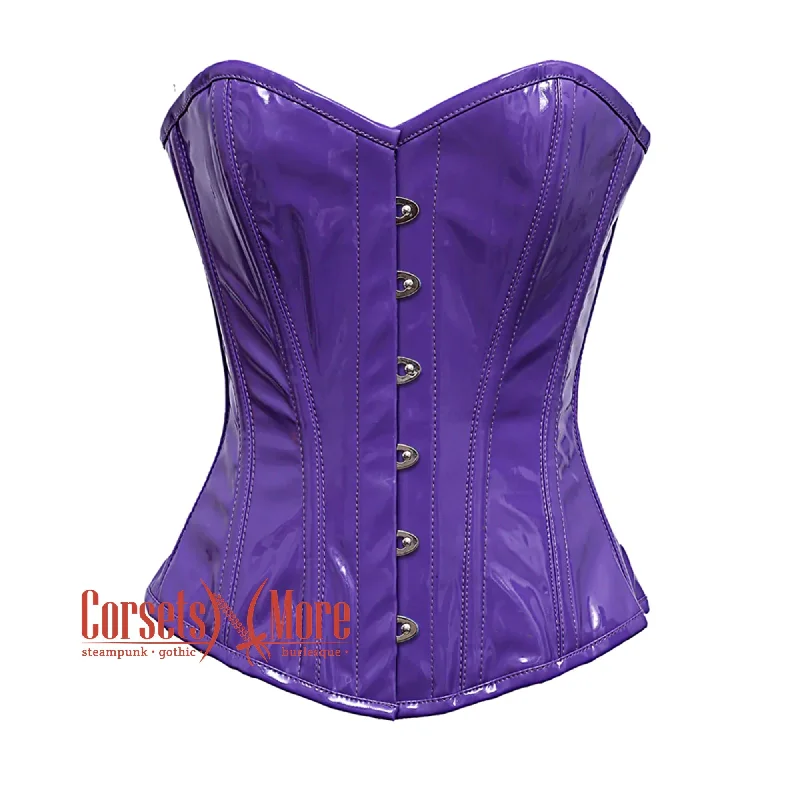 Corset for fitness training-Plus Size Purple PVC Leather With Front Silver Busk Gothic Overbust Burlesque Corset Waist Training Top