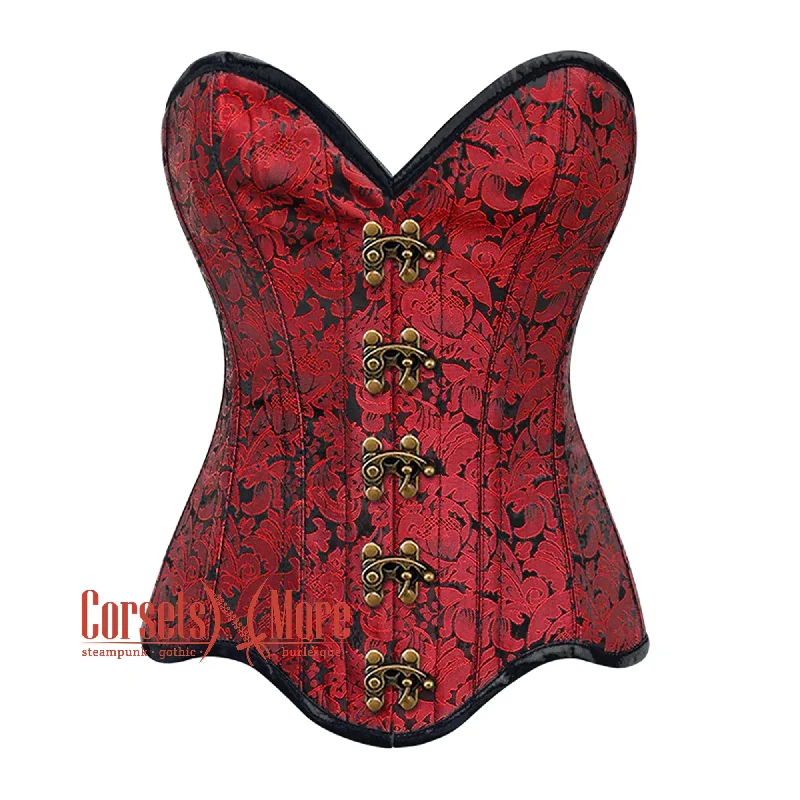 Corset dress for cocktail party-Plus Size Red Brocade Curvy Design Front Antique Clasp Steampunk Gothic Overbust Corset