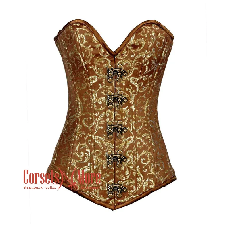 Corset with glitter finish-Brown And Golden Brocade Longline Front Clasp Burlesque Gothic Overbust Corset