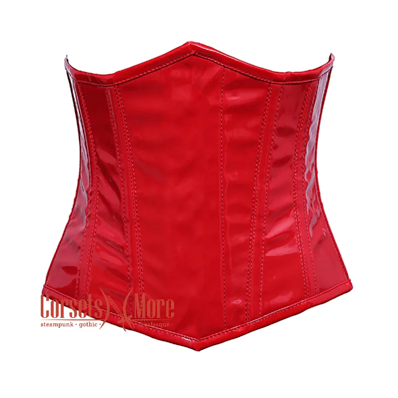 Corset with mesh panels-Plus Size Red PVC Leather Front Close Underbust Steampunk Corset