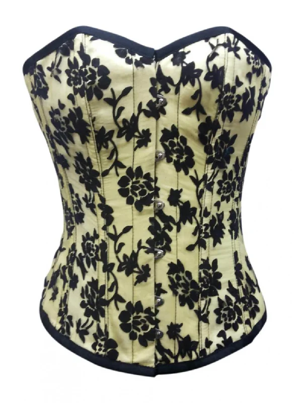 Corset top with cap sleeves-Yellow Satin Black Tissue Flocking Gothic Burlesque Floral Corset Waist Training Overbust