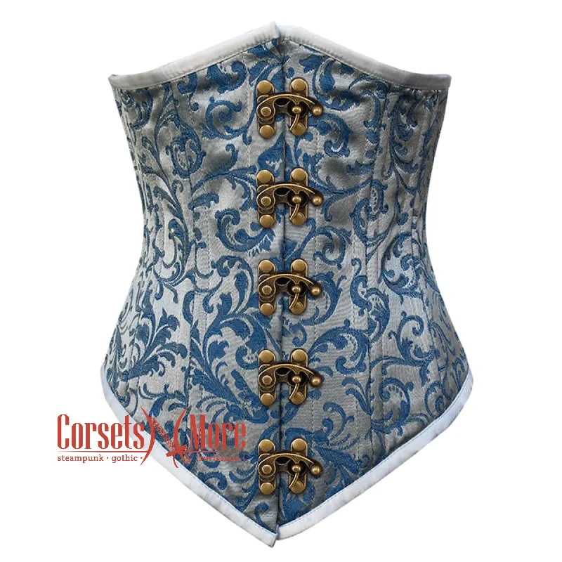 Corset in steampunk style-Plus Size Baby Blue Brocade With Front Clasps Gothic Long Underbust Waist Training Double Bone Corset