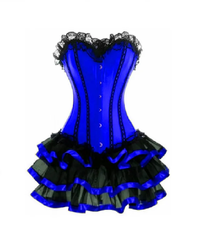 Corset with smocked back-Blue Satin Corset Waist Training Black Frill Tutu Skirt Gothic Burlesque Bustier Overbust