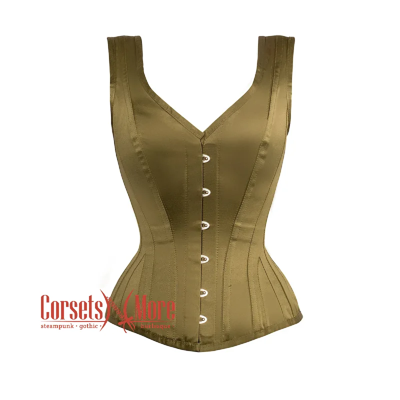 Corset in soft gray-Olive Green Satin Burlesque Shoulder Strap Corset Gothic Overbust Bustier Top