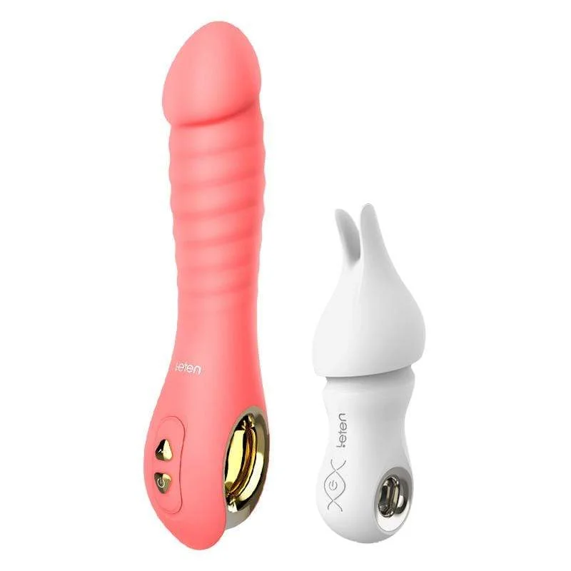 Vibrator solo play-Leten - Fairy Realistic Magnetic Rechargeable Thrusting Vibrator with White Rabbit Massager (Pink)