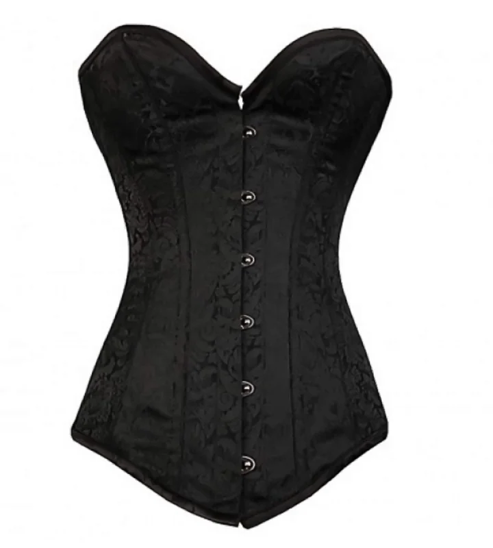 Corset with satin finish-LONGLINE Corset Black Brocade Gothic Burlesque Costume Waist Training Bustier Overbust Top