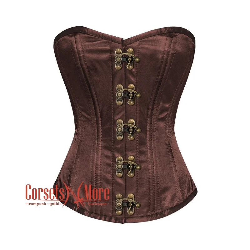 Corset with crisscross lacing-Brown Satin Double Bone Burlesque Overbust Bustier Waist Training Corset