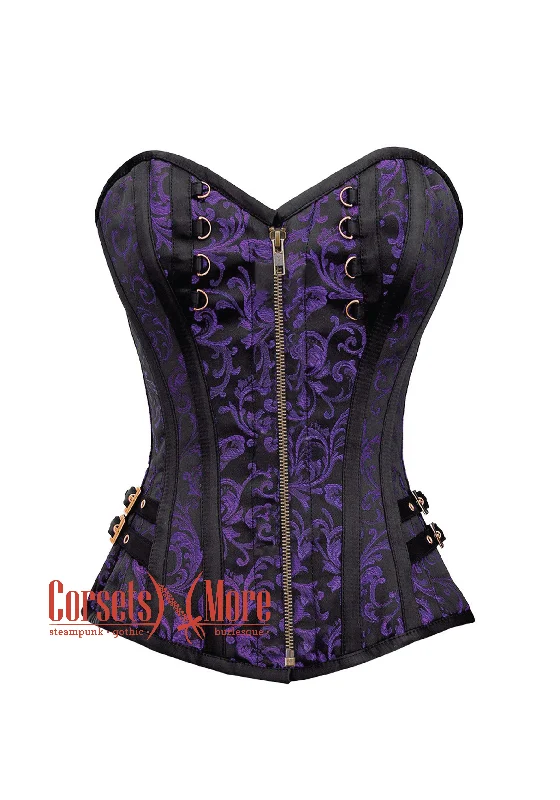 Corset for stage performance-Purple and Black Brocade Overbust Corset Bustier Heart Top Costume