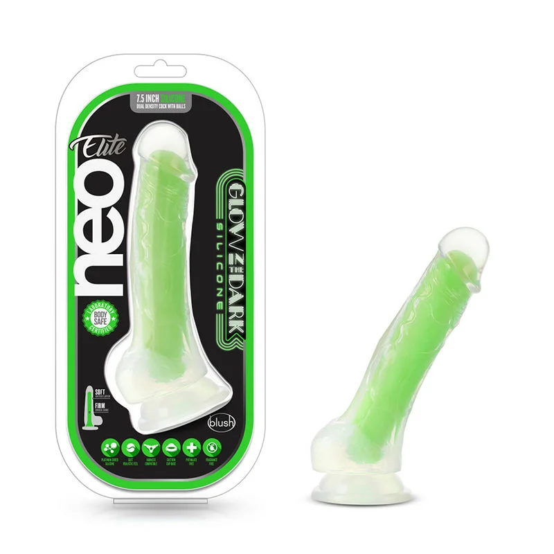 single-speed-dildo-Blush Neo Elite Glow in the Dark Viper 7 in. Silicone Dual Density Dildo with Suction Cup Neon Green