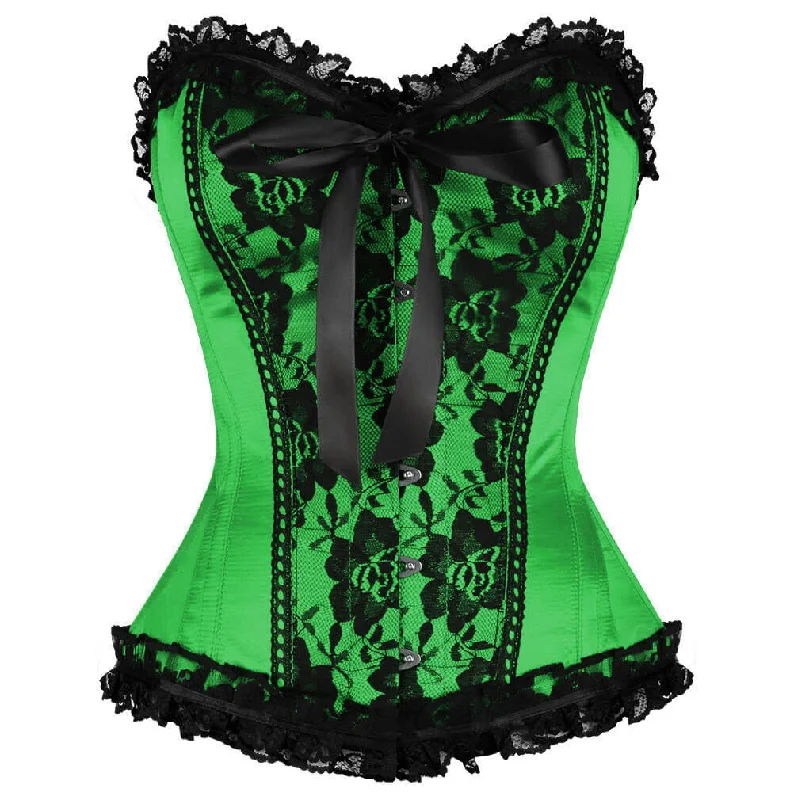 Corset top with deep V-neck-Green Satin Mardi Gras Corset Waist Training Black Frill N Net Gothic Burlesque Bustier Overbust