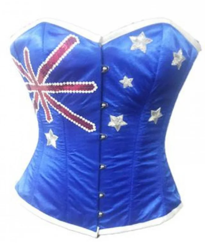 Corset top with off-shoulder-Plus Size Australia Flag Blue Satin Handwork Sequins Overbust Corset Gothic Waist Training