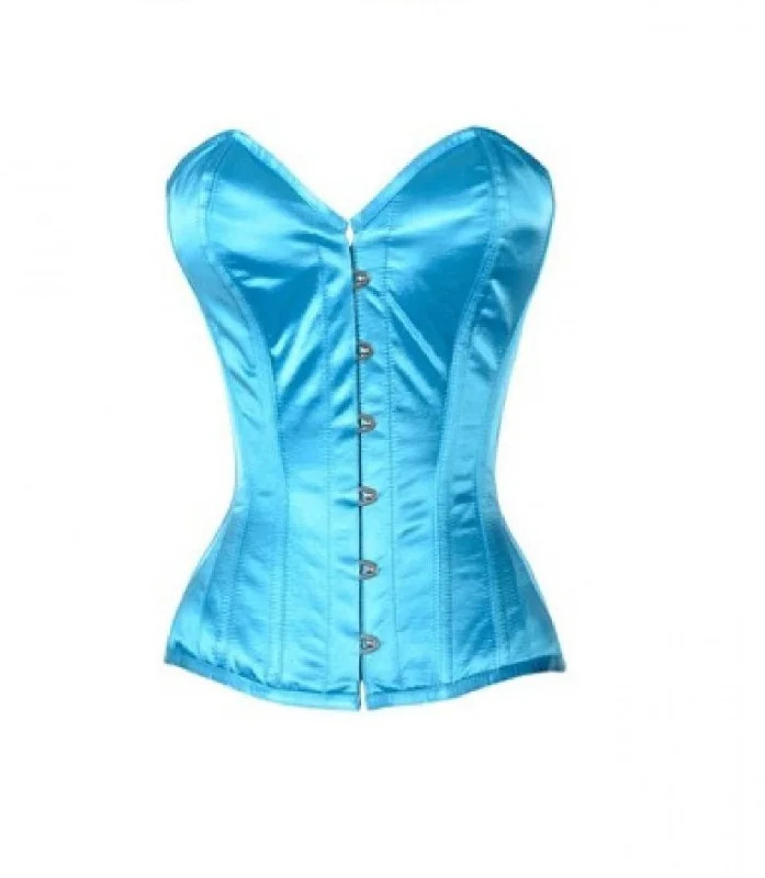 Corset with pleated accents-Baby Blue Satin Burlesque Overbust Corset Waist Training