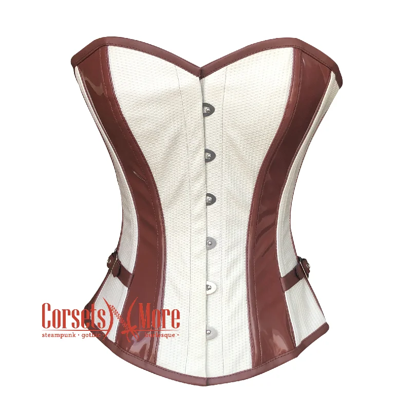 Corset top in red velvet-Plus Size White Rice Leather And Brown PVC Steampunk Overbust Waist Cincher Corset