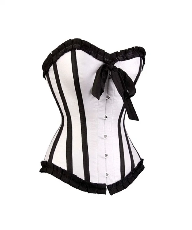 Corset top in pastel pink-White Satin Black Frill Burlesque Overbust Corset Waist Training Top