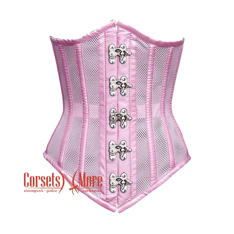 Corset with embroidered roses-Plus Size Pink Satin Mesh With Front Silver Clasps Long Underbust Corset Gothic Costume Bustier Top