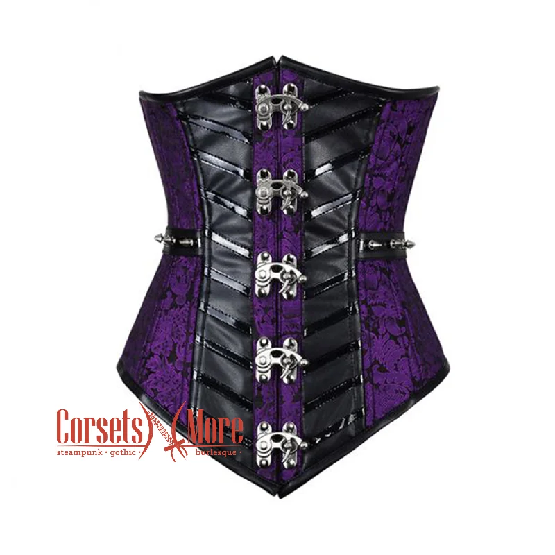 Corset for defined curves-Plus Size Purple And Black Brocade With Faux Leather Stripe Long Underbust Corset