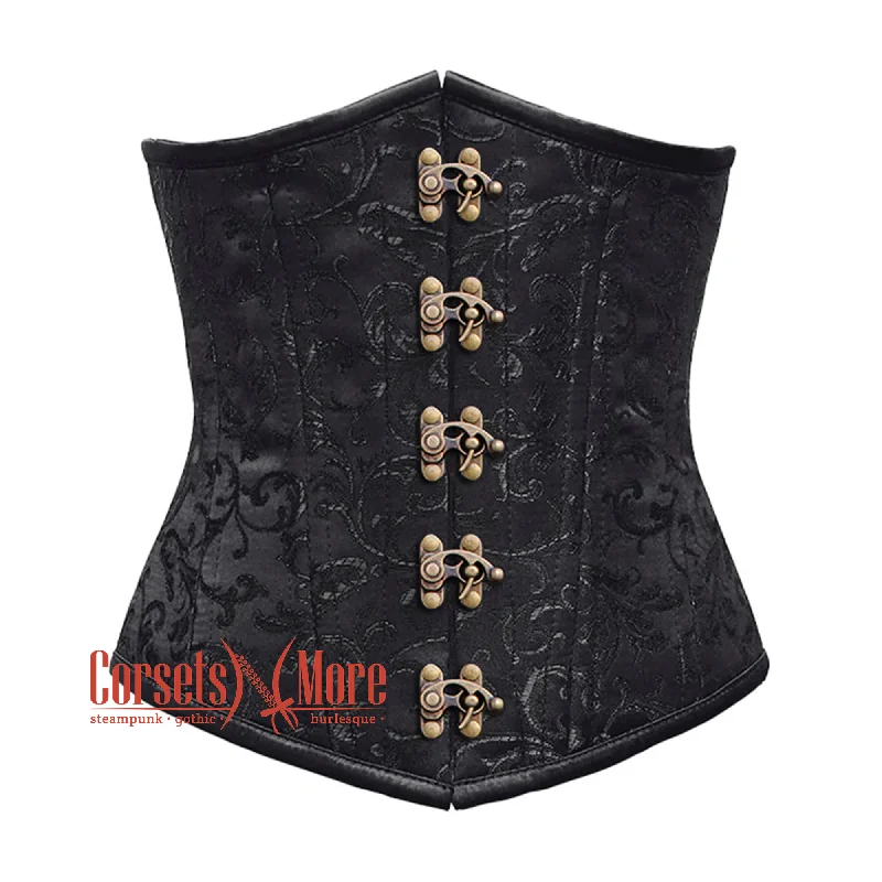 Corset with hidden hooks-Plus Size Black Brocade Front Antique Clasps Double Boned Underbust Gothic Corset