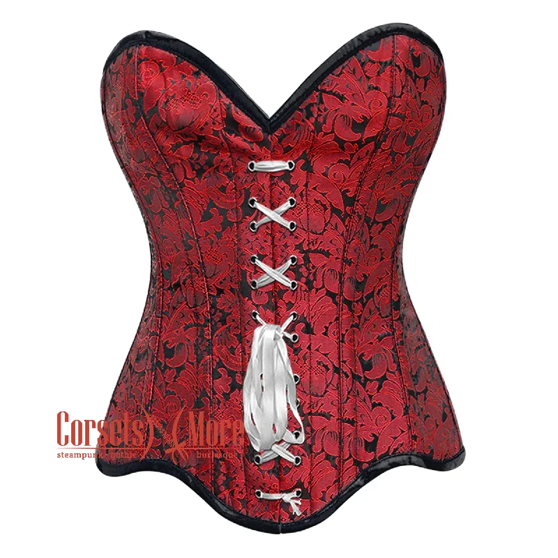 Corset dress with slit-Plus Size Red Brocade Curvy Design Front Ribbon Steampunk Gothic Overbust Corset