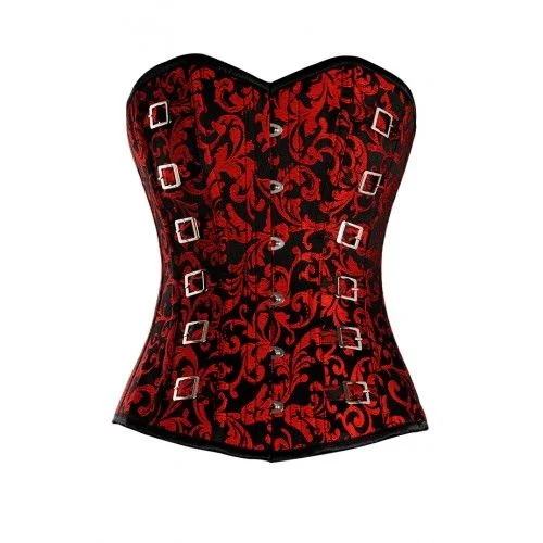 Corset and skirt set-Irrera Red and Black Brocade Pattern Corset with Silver Buckle Detail