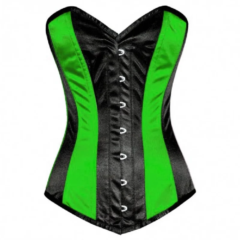 Corset top with draped neckline-Green Black Satin Gothic Burlesque Corset Waist Training LONGLINE Overbust