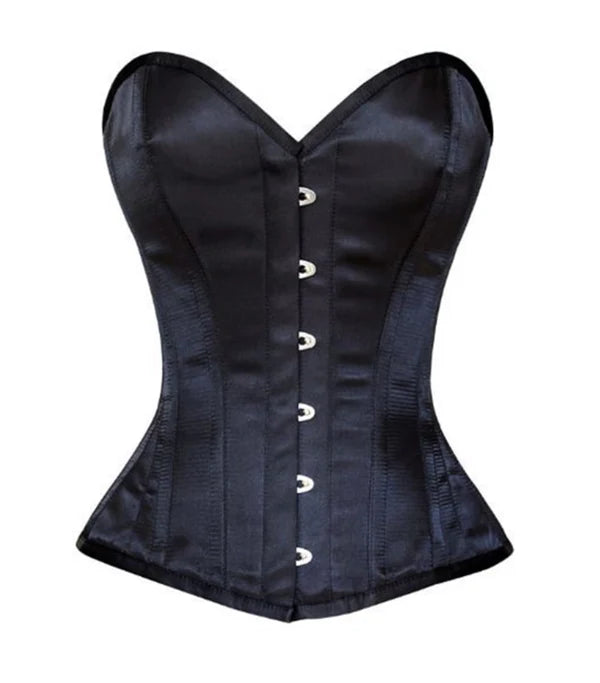 Corset top with draped neckline-Certainly Sweetheart Overbust Corset in Black Satin