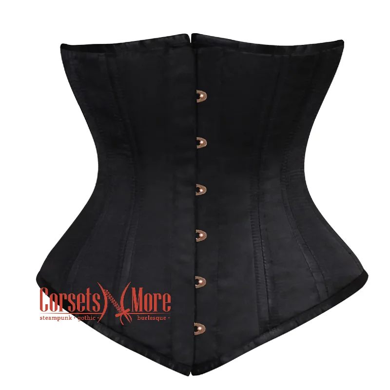 Corset for defined waistline-Plus Size Black Satin Double Boned Front Antique Busk Longline Underbust Steampunk Corset