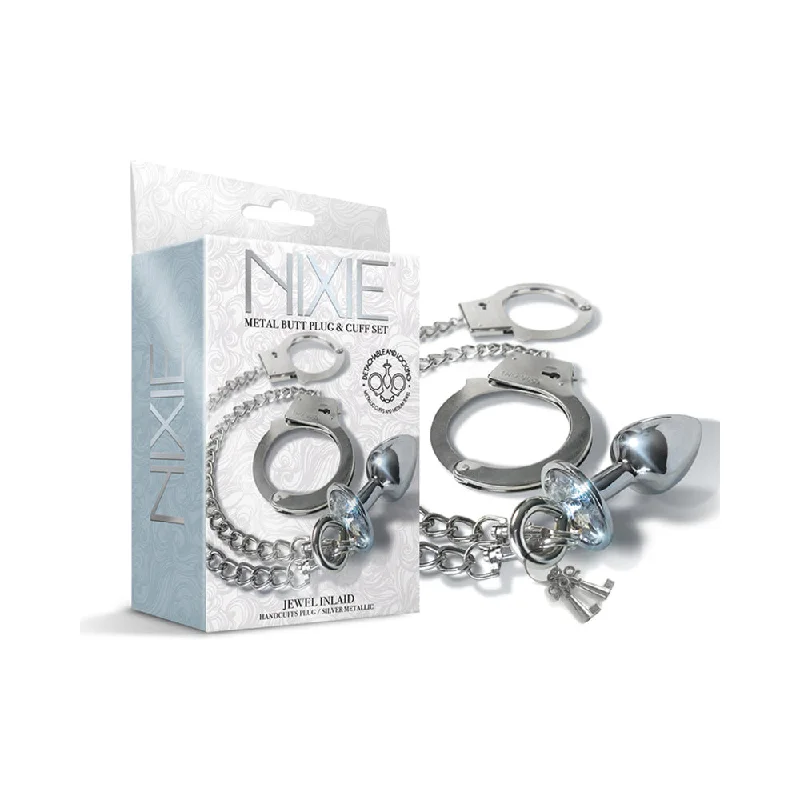 Tailed BDSM toy floggers-Nixie Metal Butt Plug & Handcuffs Set Silver