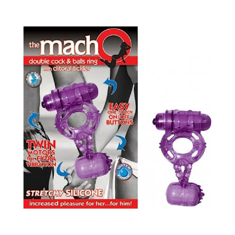 cock ring matte finish-The Macho Double Cock And Balls Ring With Clitoral Tickler Silicone Waterproof Purple