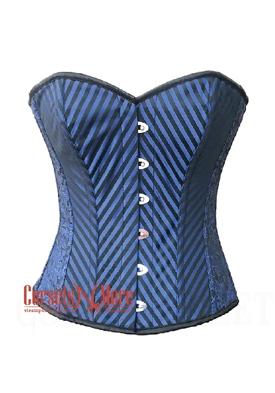 Corset for posture improvement-Blue and Black Brocade Striped Overbust Corset Sexy Top