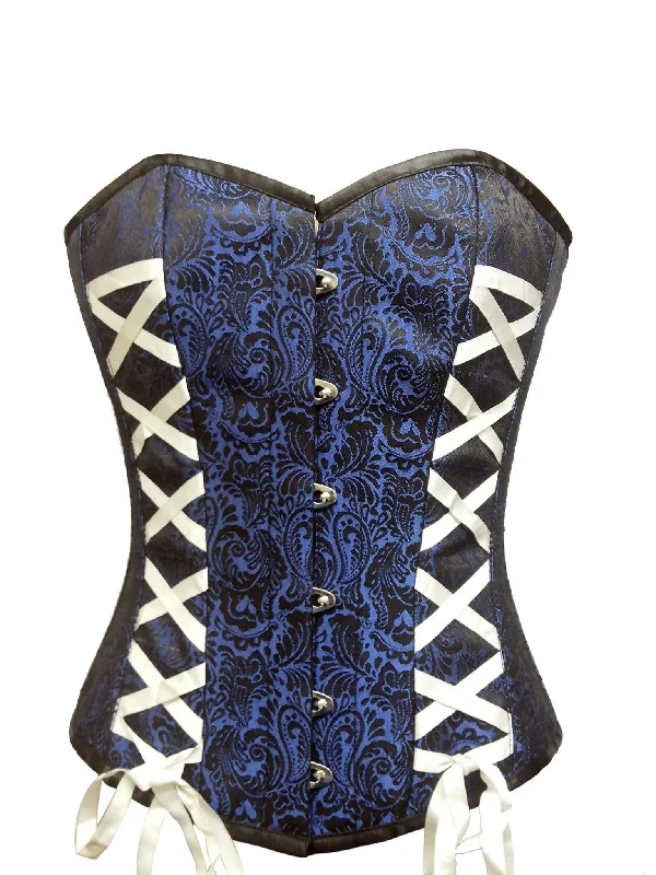 Corset top with corset lacing-Blue Brocade Gothic Burlesque Corset Waist Cincher Overbust