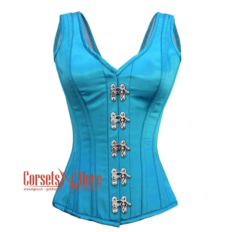 Corset in midnight blue-Plus Size Baby Blue Satin With Front Silver Clasps Gothic Overbust Burlesque Corset Waist Training Top