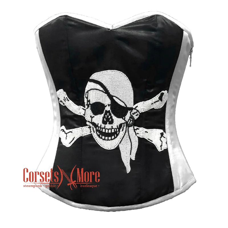 Corset in cobalt blue-Plus Size Black and White Satin Pirate Sequins Work Costume Bustier Steampunk Waist Cincher Overbust Top