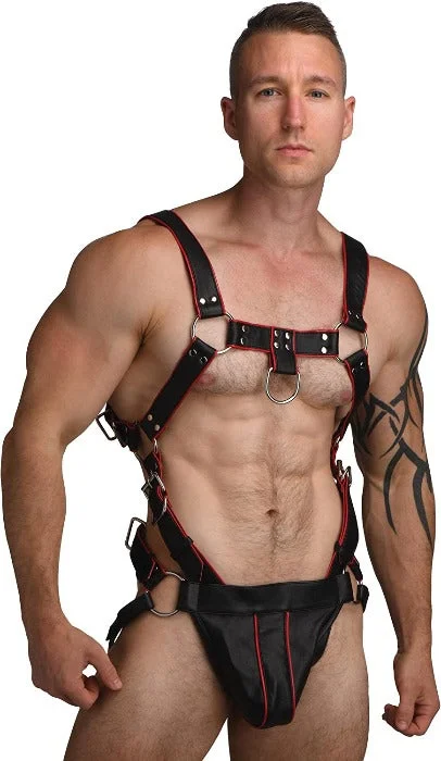 Vibrating wands for men-MS ''Heathen's'' Male Body Harness Small/ Medium, Black & Red